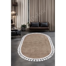 Dijidekor Halı  Kahverengi Pramit Kaymaz Saçaklı Oval Kesme Yolluk Kilim Salon Halısı Modelleri