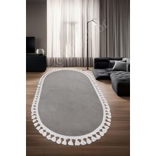 Dijidekor Halı  Gri Pramit Desenli Yıkanabilir Saçaklı Oval Yolluk Kilim Salon Halısı Modelleri