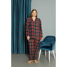 Mutlu City Yeni Model Düğmeli Büyük Beden Süet Kadın Pijama Takımı 13686-KIRMIZI-FÜME