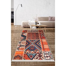 Diji Dekor Halı Turuncu  K1300 Yıkanabilir Saçaklı Kesme Ince Yolluk Kilim Salon Halısı Modeli