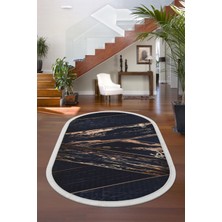 Diji Dekor Halı Siyah Gold  Yıkanabilir Saçaklı Oval Kesme Ince Yolluk Kilim Salon Halısı Modeli