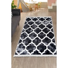 Diji Dekor Halı Siyah Maça Yıkanabilir Saçaklı Kaymaz Kesme Ince Yolluk Kilim