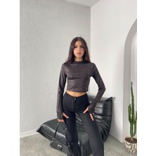 Leopar Desenli  Crop Jarse Body BLUZ-BGB30