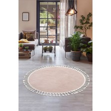 Diji Dekor Peluş Halı Pembe Saçaklı Yuvarlak Kesme Post Yolluk Kilim
