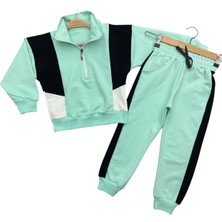 İrem Çocuk Giyim Kız Çocuk Yarım Fermuar Modelli Renk Bloklu Su Yeşili Renk Eşofman Takımı