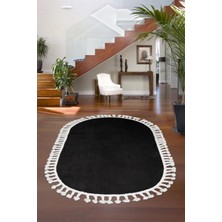 Dijidekor Peluş Halı Siyah Saçaklı Oval Post Kesme Yolluk Kilim