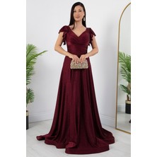 Kol Volanlı Simli Abiye Elbise 39925