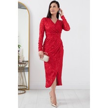 Kruvaze Yaka Yırtmaçlı Pulpayet Elbise AP-0156