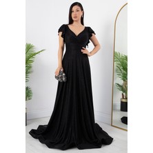 Kol Volanlı Simli Abiye Elbise 39925