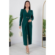 Kruvaze Yaka Boncuk Tokalı Krep Elbise GRS3588