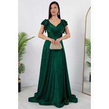 Kol Volanlı Simli Abiye Elbise 39925