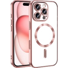 Case World Apple iPhone 16 Promax Mag Safe Özellikli Lens Korumalı Logo Gösteren Şeffaf Luxury Silikon Kılıf - Rose Gold