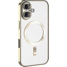 Case World Apple iPhone 16 Plus Mag Safe Özellikli Lens Korumalı Logo Gösteren Şeffaf Luxury Silikon Kılıf - Gold