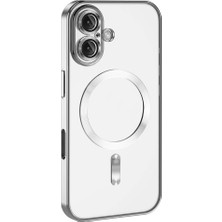 Case World Apple iPhone 16 Plus Mag Safe Özellikli Lens Korumalı Logo Gösteren Şeffaf Luxury Silikon Kılıf - Gümüş