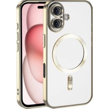 Case World Apple iPhone 16 Mag Safe Özellikli Lens Korumalı Logo Gösteren Şeffaf Luxury Silikon Kılıf - Gold