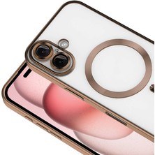 Case World Apple iPhone 16 Mag Safe Özellikli Lens Korumalı Logo Gösteren Şeffaf Luxury Silikon Kılıf - Gold