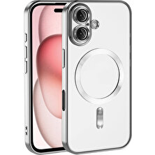 Case World Apple iPhone 16 Mag Safe Özellikli Lens Korumalı Logo Gösteren Şeffaf Luxury Silikon Kılıf - Gümüş