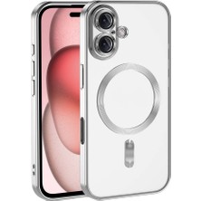 Case World Apple iPhone 16 Mag Safe Özellikli Lens Korumalı Logo Gösteren Şeffaf Luxury Silikon Kılıf - Titanyum Gri