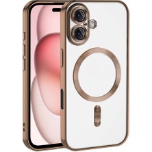 Case World Apple iPhone 16 Mag Safe Özellikli Lens Korumalı Logo Gösteren Şeffaf Luxury Silikon Kılıf - Bej Gold