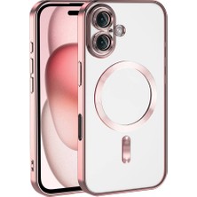 Case World Apple iPhone 16 Mag Safe Özellikli Lens Korumalı Logo Gösteren Şeffaf Luxury Silikon Kılıf - Rose Gold