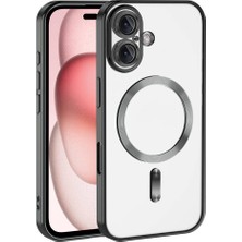 Case World Apple iPhone 16 Mag Safe Özellikli Lens Korumalı Logo Gösteren Şeffaf Luxury Silikon Kılıf -Siyah