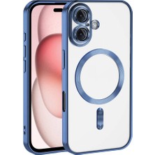 Case World Apple iPhone 16 Mag Safe Özellikli Lens Korumalı Logo Gösteren Şeffaf Luxury Silikon Kılıf -Mavi