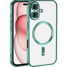 Case World Apple iPhone 16 Mag Safe Özellikli Lens Korumalı Logo Gösteren Şeffaf Luxury Silikon Kılıf -Yeşil