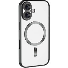 Caseart Apple iPhone 16 Plus Mag Safe Özellikli Lens Korumalı Logo Gösteren Şeffaf Luxury Silikon Kılıf -Siyah