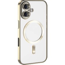 Kzy Apple iPhone 16 Plus Mag Safe Özellikli Lens Korumalı Logo Gösteren Şeffaf Luxury Silikon Kılıf - Gold