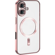 Kzy Apple iPhone 16 Plus Mag Safe Özellikli Lens Korumalı Logo Gösteren Şeffaf Luxury Silikon Kılıf - Rose Gold