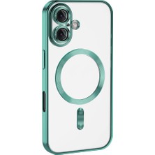 Kzy Apple iPhone 16 Plus Mag Safe Özellikli Lens Korumalı Logo Gösteren Şeffaf Luxury Silikon Kılıf -Yeşil