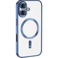 Kılıfmania Apple iPhone 16 Plus Mag Safe Özellikli Lens Korumalı Logo Gösteren Şeffaf Luxury Silikon Kılıf -Mavi