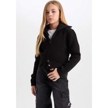 DeFacto Basic Düz Dik Yaka Fermuarlı Siyah Triko Hırka Kız Çocuk C9557A824WN