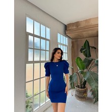 Abiye Merkezi Joanne Karpuz Kol Mini Elbise 582540 Saks Mavisi