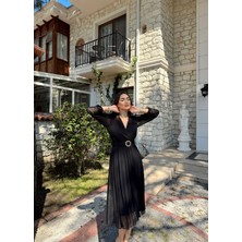 Abiye Merkezi Pliseli Şifon Elbise 3073 Siyah