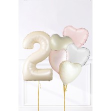 Pekshop Saten Pembe Beyaz Retro Krem Renkler Kalp ve Yaş Rakamlı Doğum Günü Balon Seti