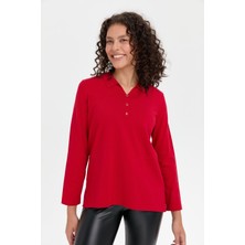 Kadın Polo Yaka Yanı Yırtmaçlı Kazak K.kırmızı