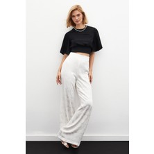 Sateen Jakarlı Salaş Pantolon - Ekru