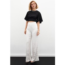 Sateen Jakarlı Salaş Pantolon - Ekru