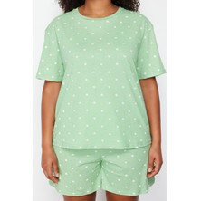 FRM Büyük Beden Kadın Pamuklu Bisiklet Yaka Kısa Kol Kalp Desenli Örme Pijama Takımı