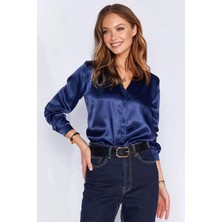 Hazelin Kadın Lacivert Saten Yüzeyli Tesettür Gömlek HZL25W-BD139641