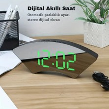 Dekoratif Masaüstü Dijital Saat Kavisli Sıcaklık Tarih Ölçen Şık USB Aynalı LED Işıklı Alarmlı Saat