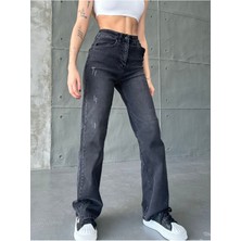 Kadın Siyah Eskitme Destrolu Yüksek Bel Likralı Wide Leg Geniş Paça Palazzo Kot Pantolon