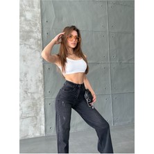 Kadın Siyah Eskitme Destrolu Yüksek Bel Likralı Wide Leg Geniş Paça Palazzo Kot Pantolon