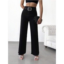 Swet Shop Jeans Kadın Yüksek Bel Kemerli Bel Püskül Paça Püsküllü Siyah Likralı Palazzo Jean