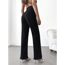 Swet Shop Jeans Kadın Yüksek Bel Kemerli Bel Püskül Paça Püsküllü Siyah Likralı Palazzo Jean