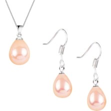 BymissMücevherat Pembe Inci Damla Küpe - Kolye Gümüş Set Kancalı Model