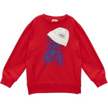 Kız Çocuk Ayı Baskı Şapka Aksesuarlı Sweatshirt - Kırmızı