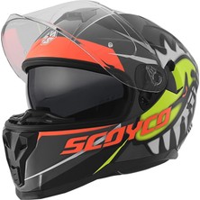 Scoyco FF-869 Shark Siyah-Gri-Neon Güneş Vizörlü Kapalı Kask