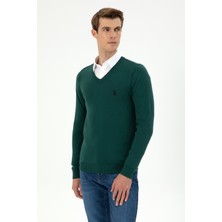 U.S. Polo Assn. Erkek Slim Fit V Yaka Koyu Yeşil Basic Kazak 50293512-VR079